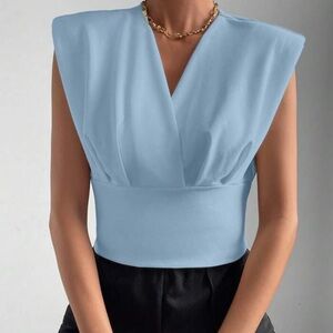 🌼‎ SHEIN Sky Blue Draped Blouse Structured Waist Chic Spring Top Size L